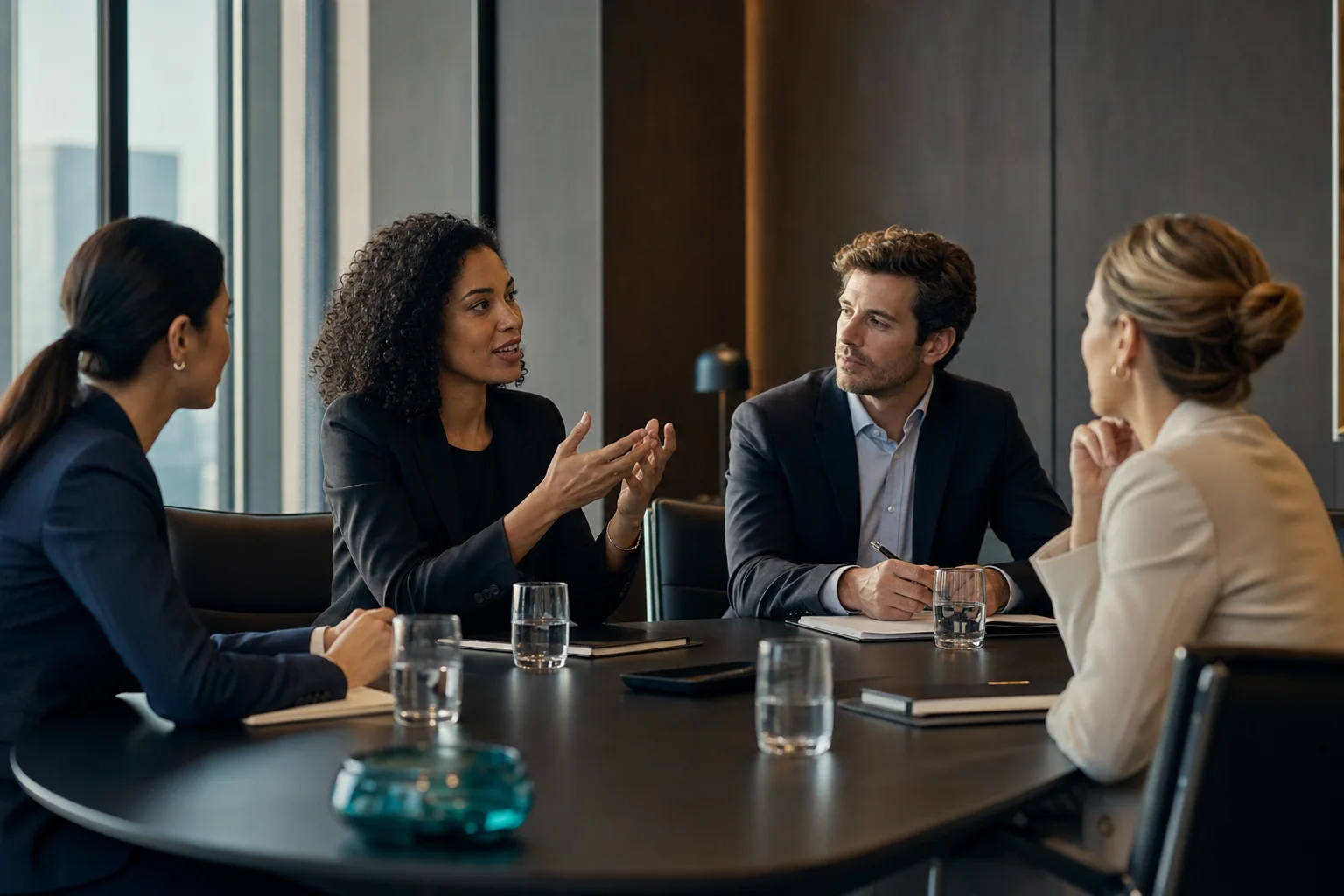 Four professionals engaged in an executive discussion