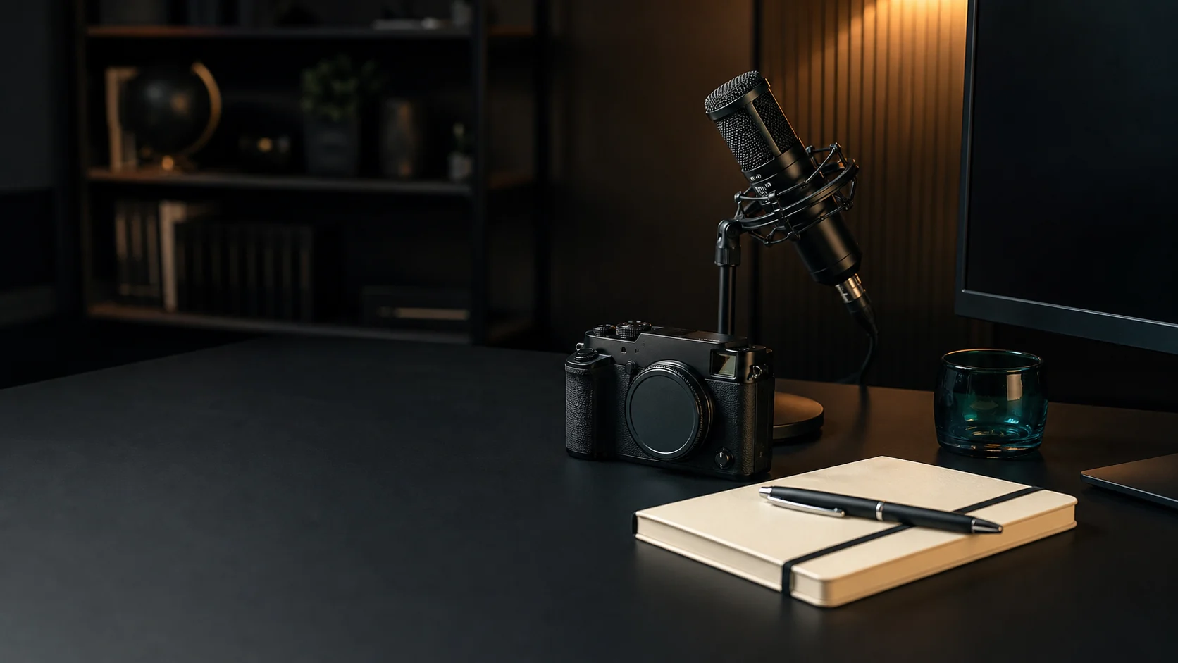 A prepared media workspace with a microphone, camera, and notebook