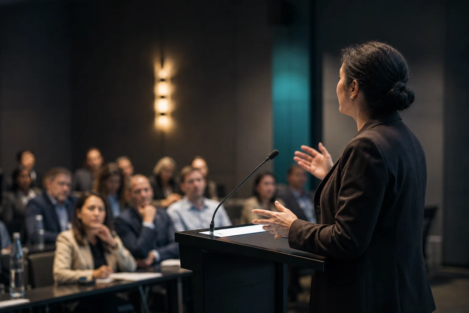 A professional presenter addressing an attentive audience
